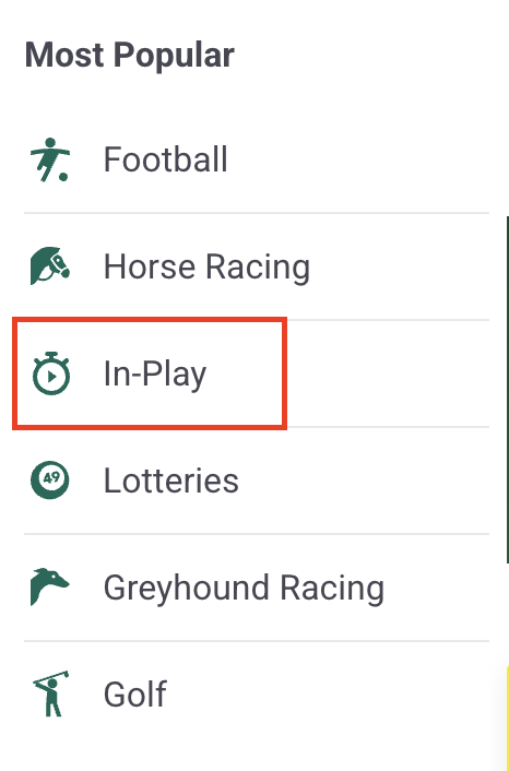 Paddy Power in-play betting section